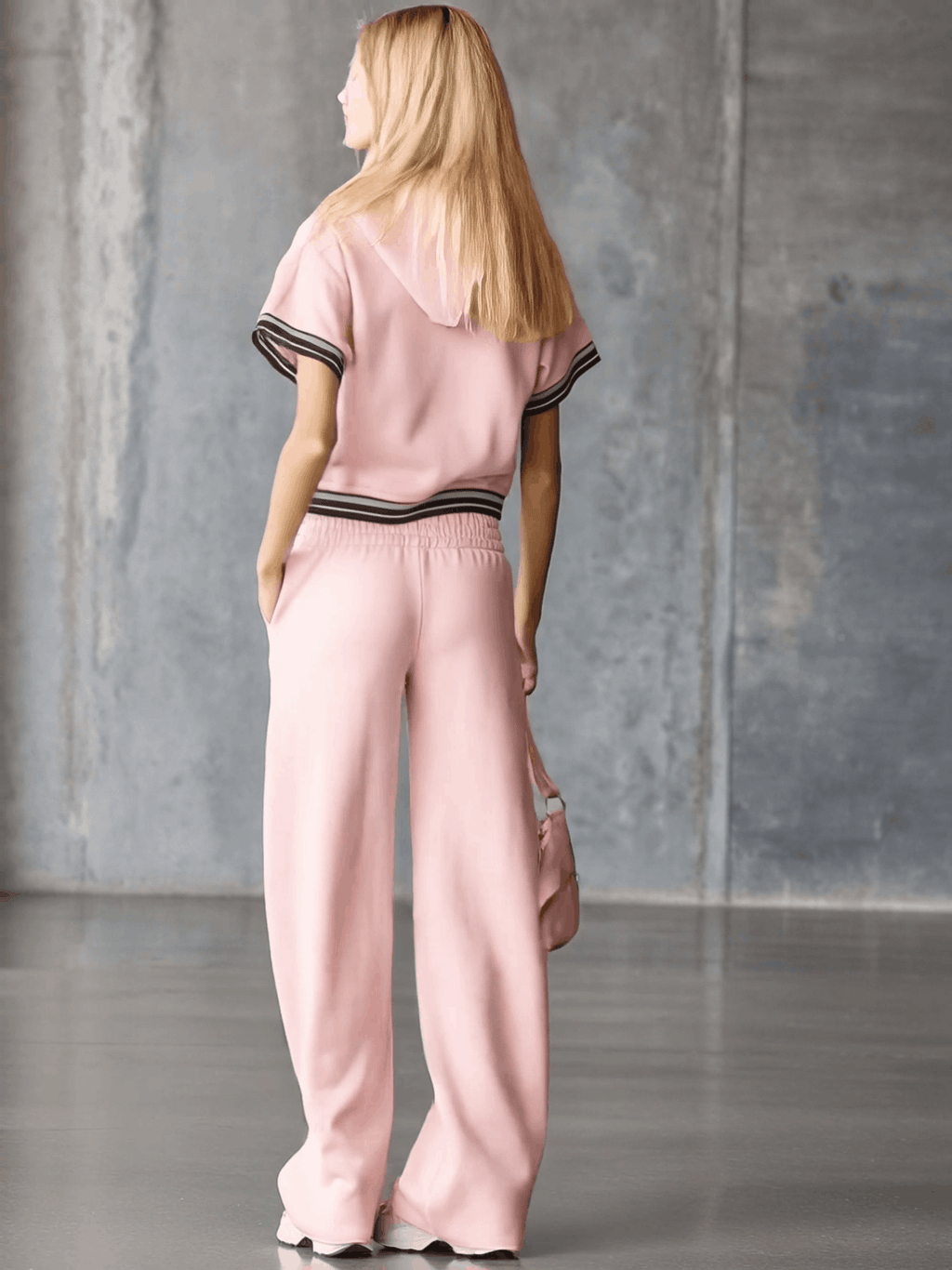 Elegant Fashion Sporty Hooded Front Zipper Short-sleeved Pink Cotton Top And Trousers Set