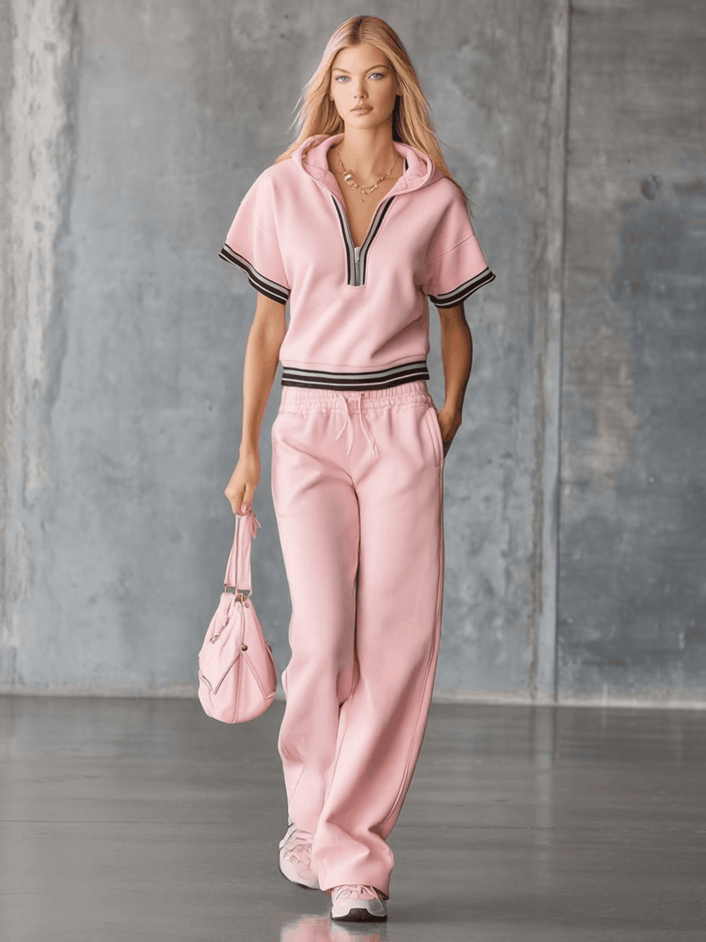 Elegant Fashion Sporty Hooded Front Zipper Short-sleeved Pink Cotton Top And Trousers Set