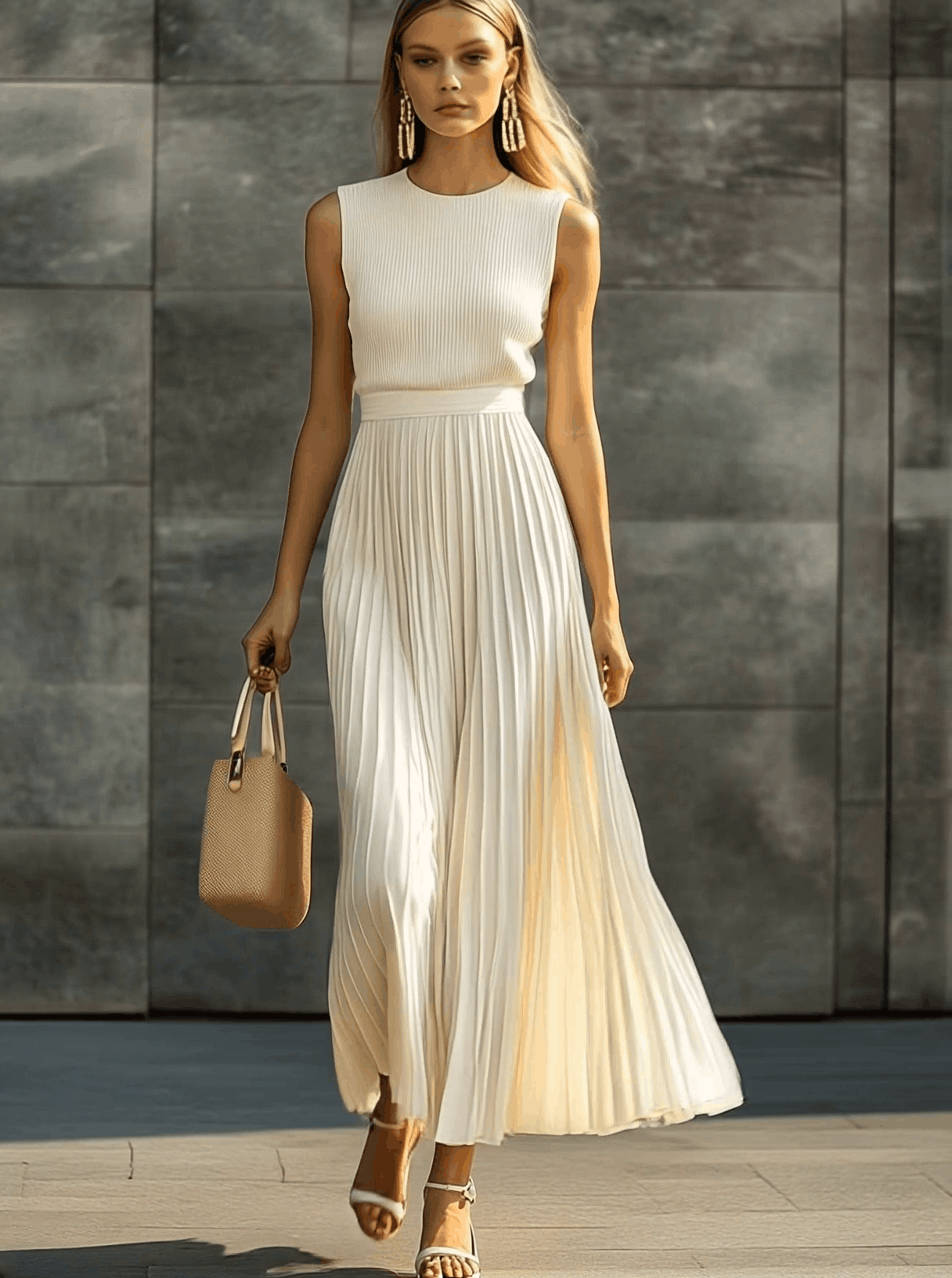 Elegant Casual and Comfortable Cream Knitted Chiffon Pleated Hem Maxi Dress