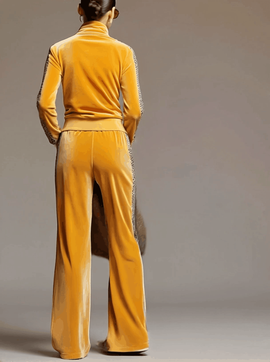 Casual Sporty Retro Leopard Print Trim Yellow Velvet Sweatshirt and Wide-Leg Trousers Set