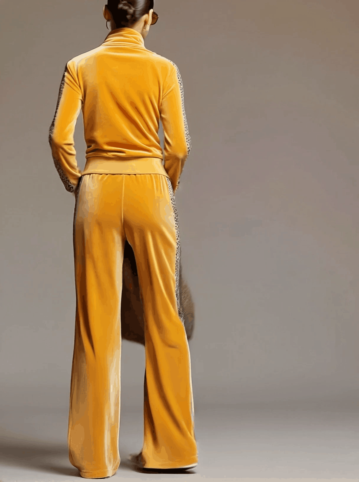 Casual Sporty Retro Leopard Print Trim Yellow Velvet Sweatshirt and Wide-Leg Trousers Set