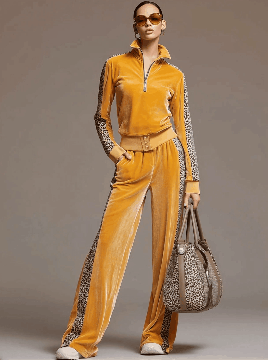 Casual Sporty Retro Leopard Print Trim Yellow Velvet Sweatshirt and Wide-Leg Trousers Set