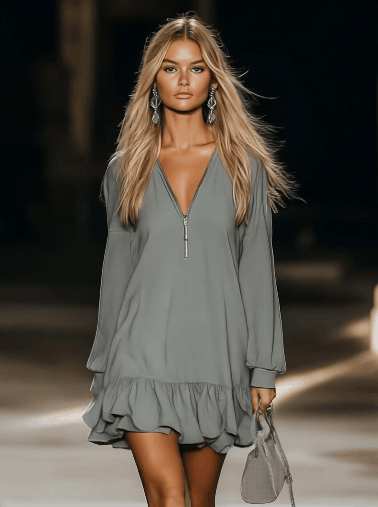Casual Loose Fashion Zipper V-neck Long Sleeve Lotus Leaf Hem Grey Mini Dress