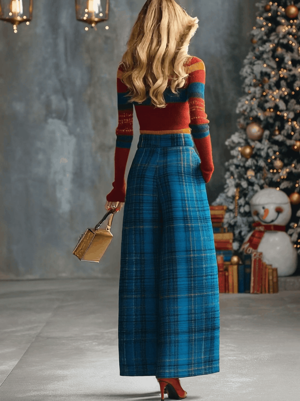 Vintage Fashion Versatile Blue Plaid Wide-leg Trousers