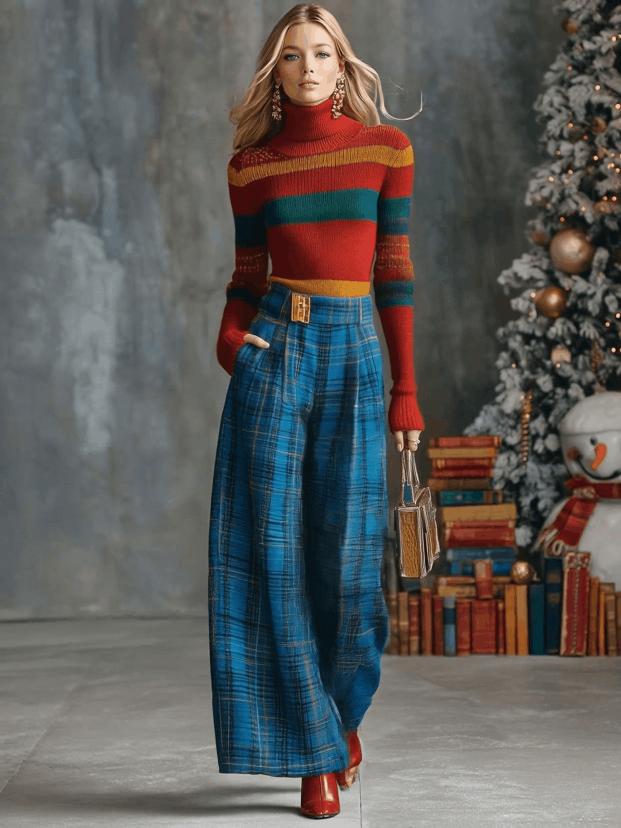 Vintage Fashion Versatile Blue Plaid Wide-leg Trousers