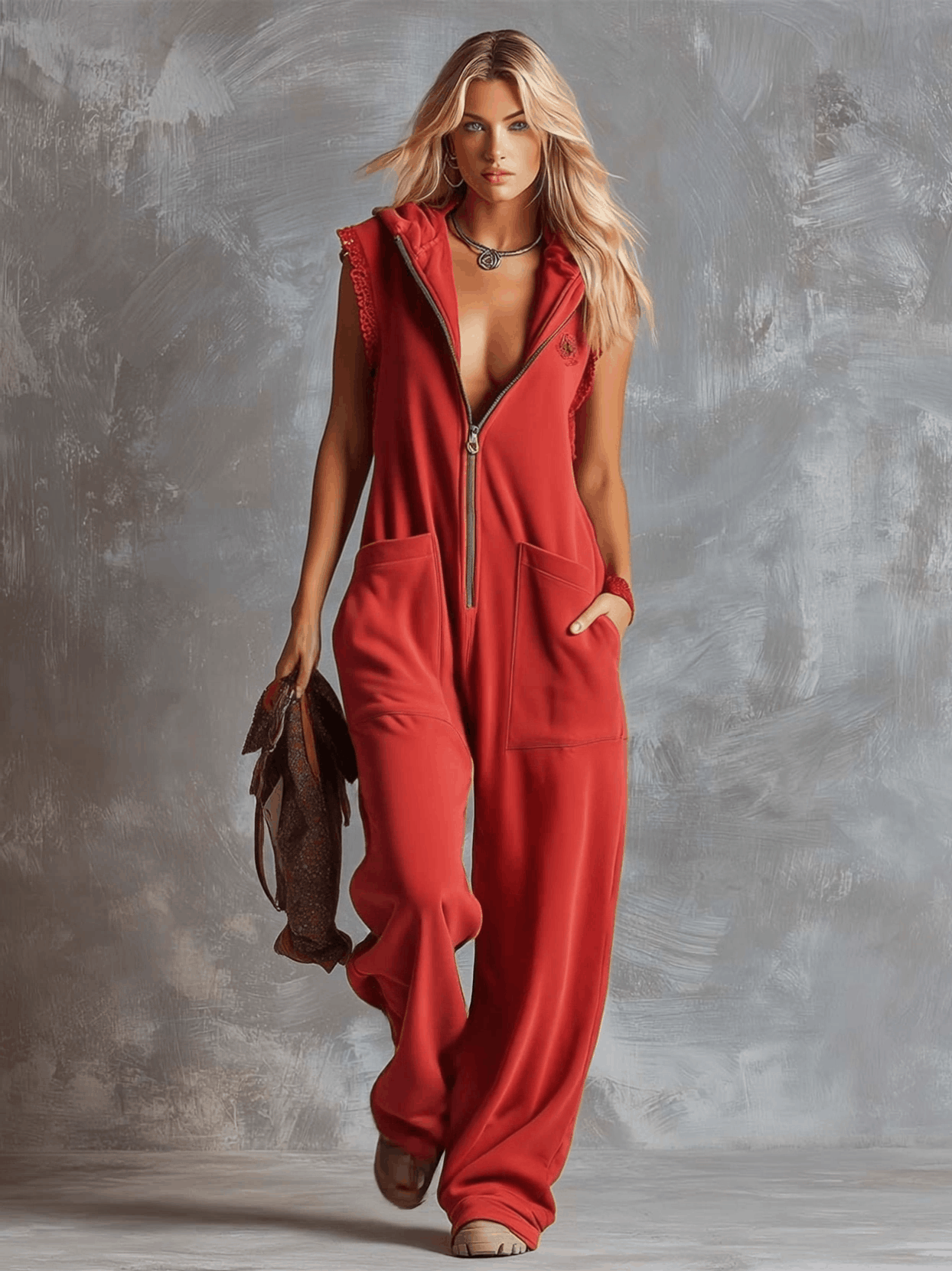Retro Fashion Sporty Hooded V-neck Front Zipper Raspberry Red Cotton Jumpsuit