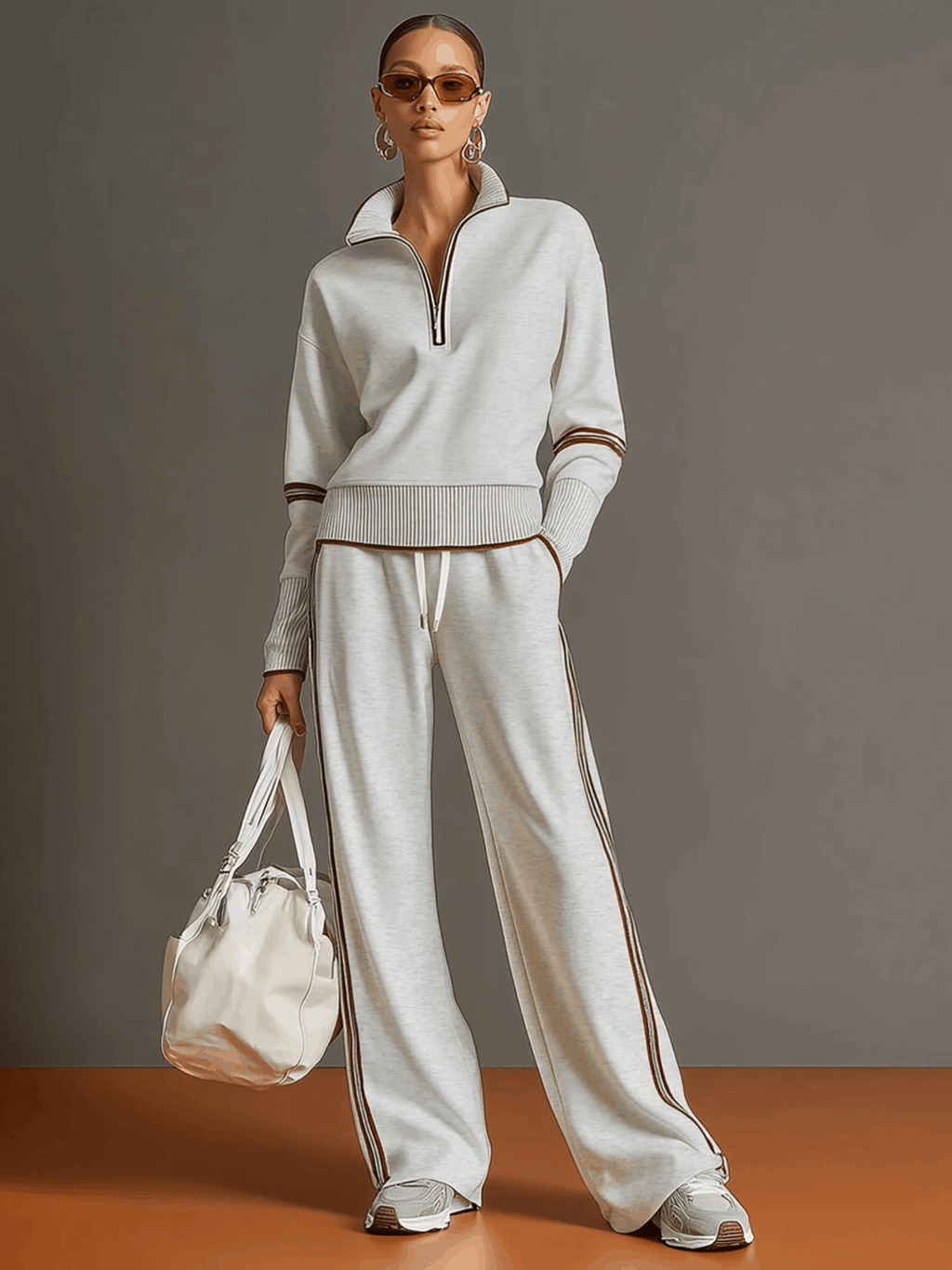 Retro Sporty Webbing Grey-White Half-Zip Sweatshirt and Wide-Leg Trousers Set