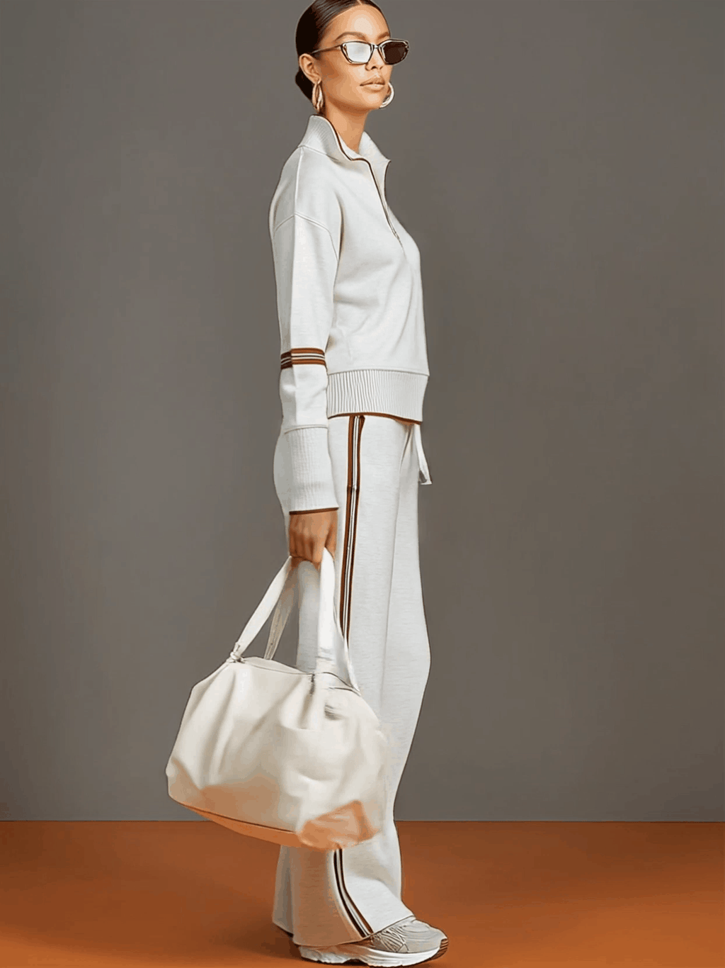 Retro Sporty Webbing Grey-White Half-Zip Sweatshirt and Wide-Leg Trousers Set