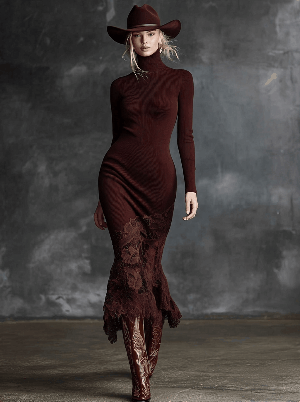 Simple and Elegant High-neck Lace Hem Burgundy Knitted Maxi Dress
