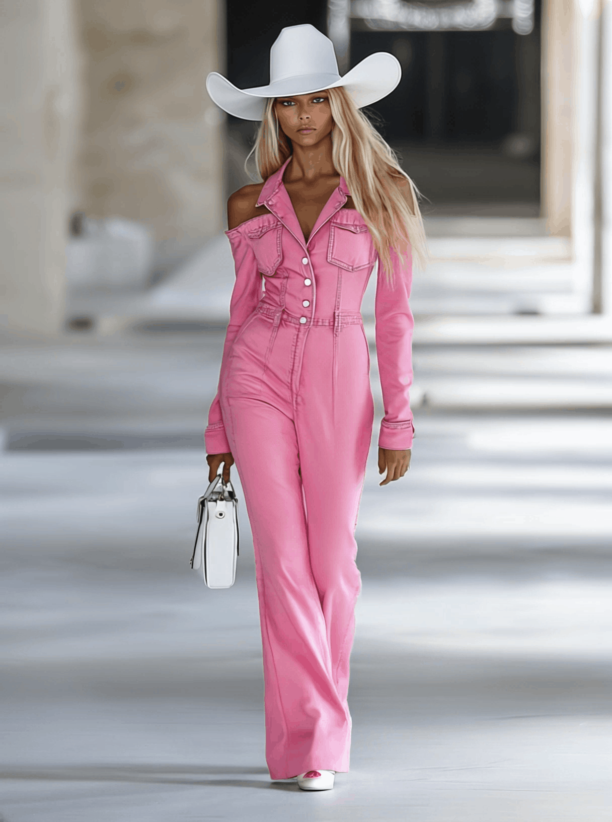 Fashionable Personalised Lapel Pink Denim Off-the-Shoulder Long-Sleeved Flared Jumpsuit