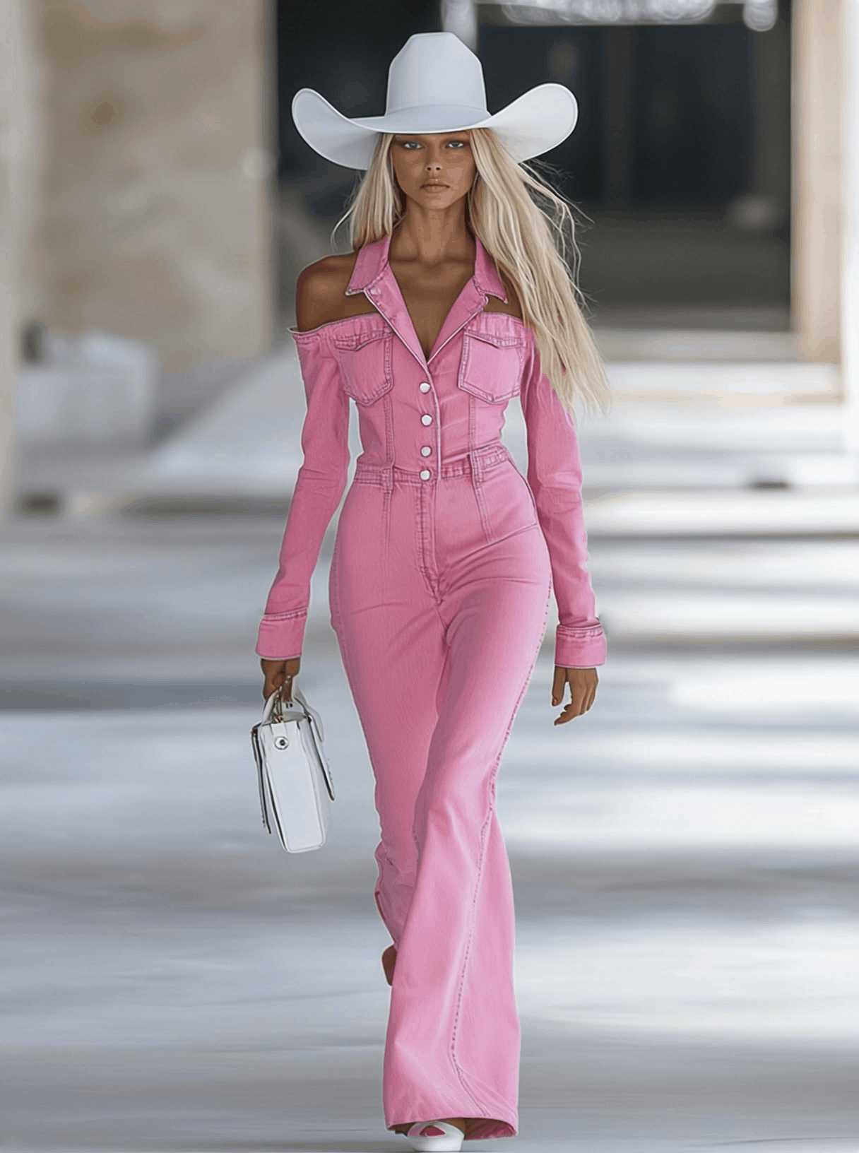 Fashionable Personalised Lapel Pink Denim Off-the-Shoulder Long-Sleeved Flared Jumpsuit