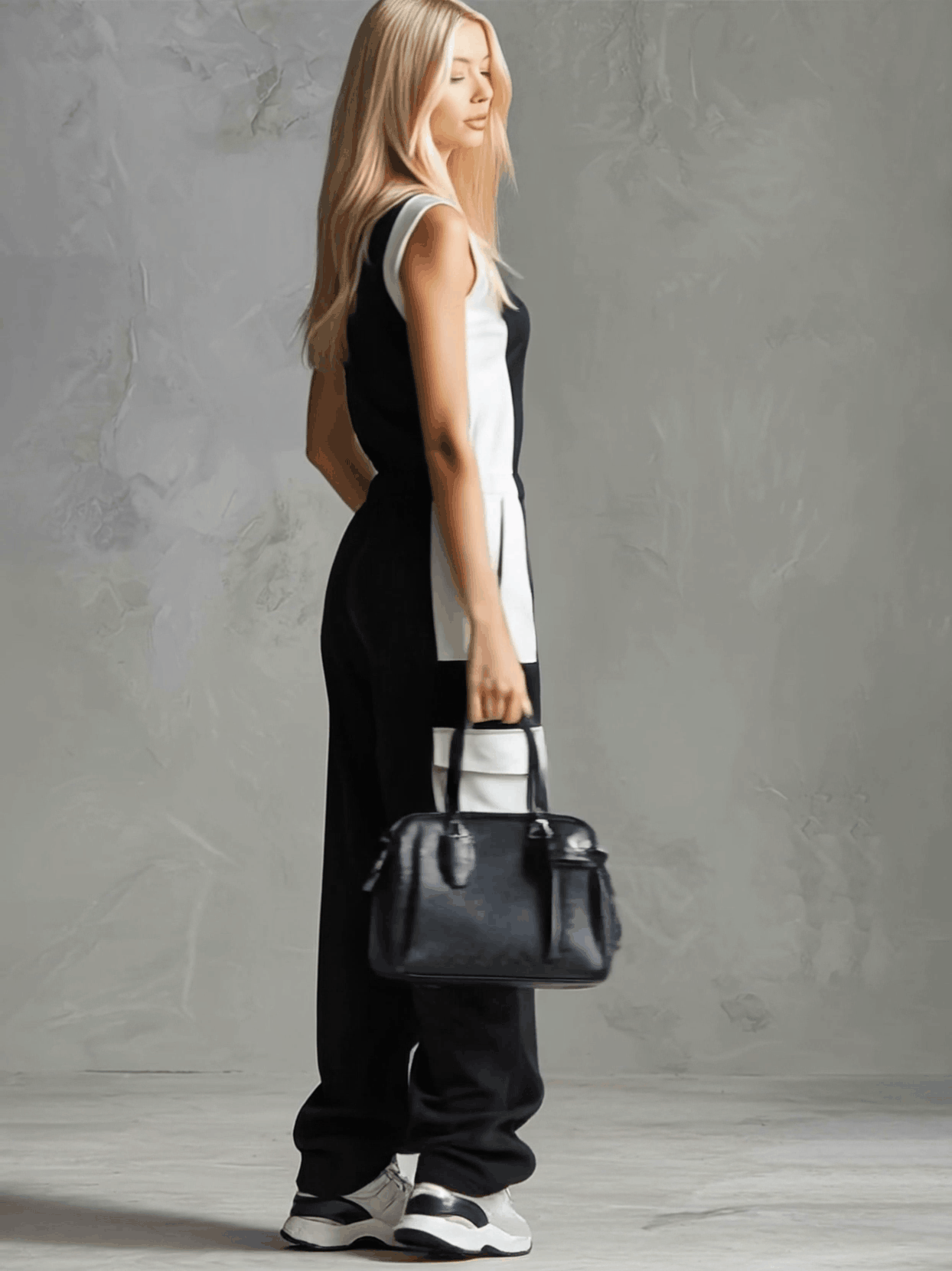 Casual Retro Sporty Black And White Colour-blocked V-neck Half-zip Jumpsuit