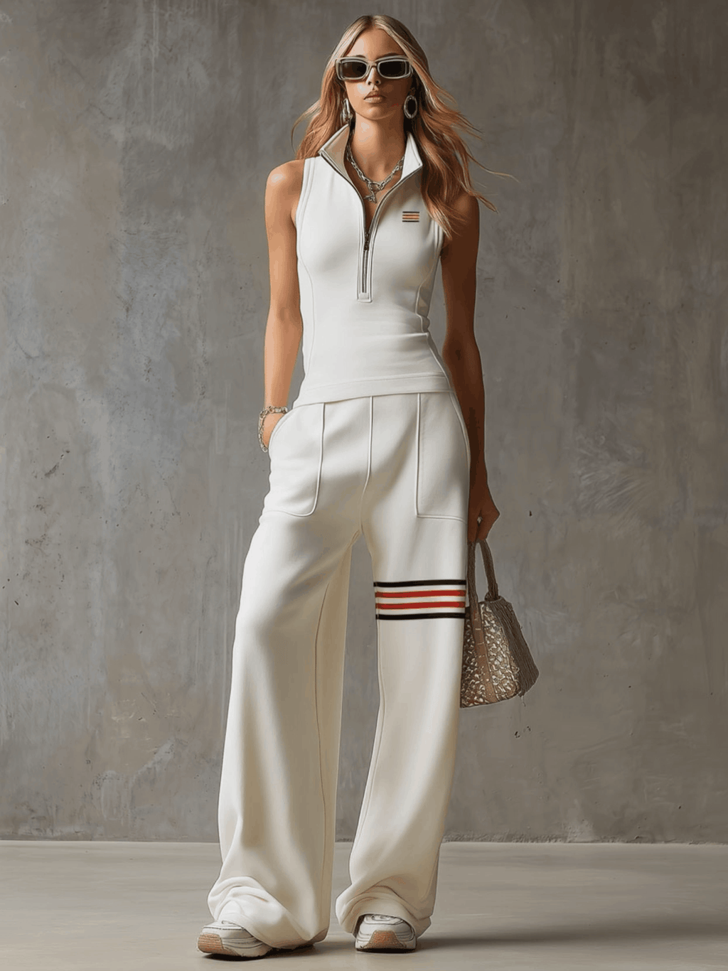 Sporty Retro White Striped Embroidered Sleeveless Vest and Wide-Leg Trousers Set