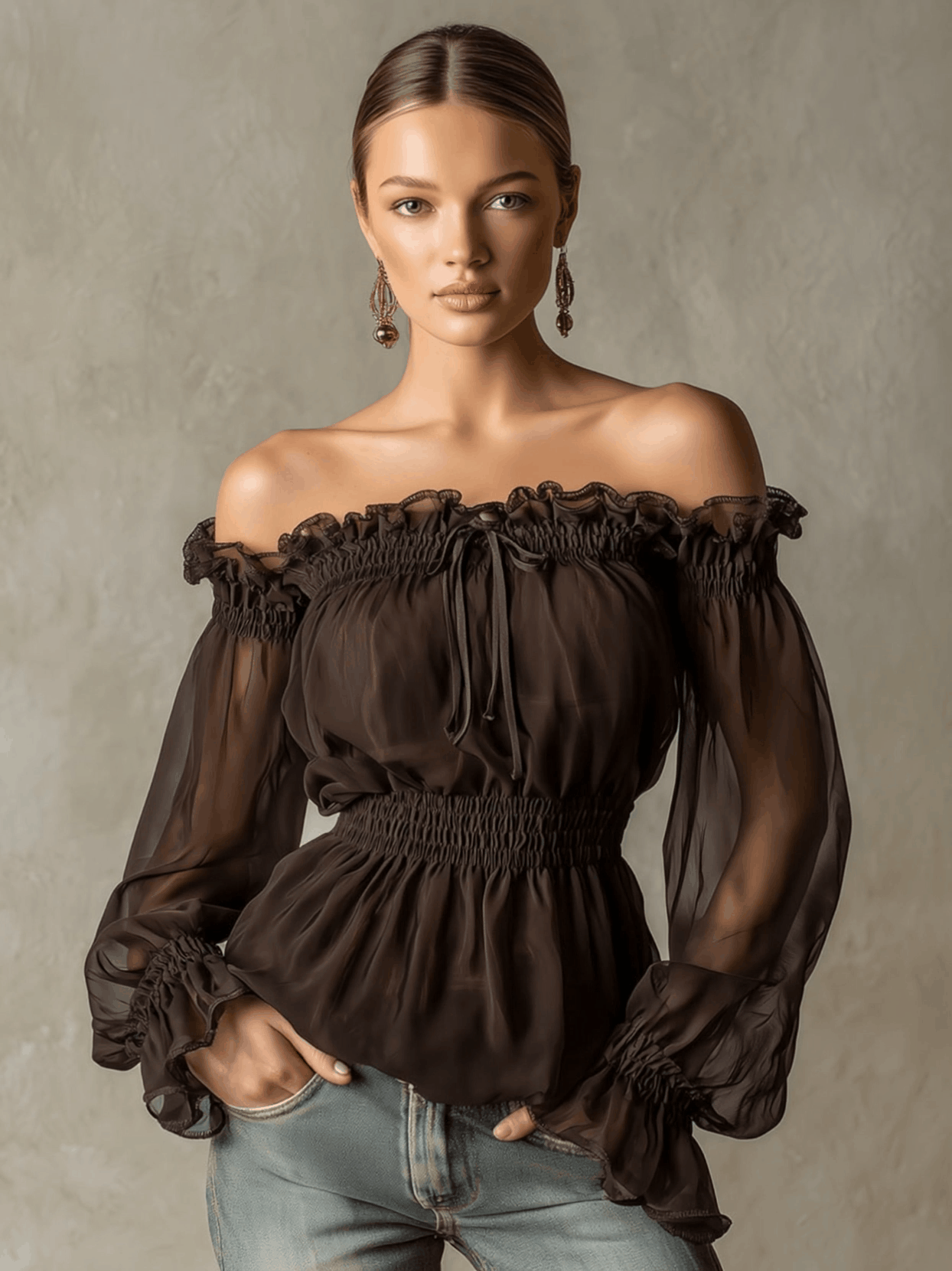 Fashionable Retro Ruffled Brown Off-Shoulder Chiffon Blouse