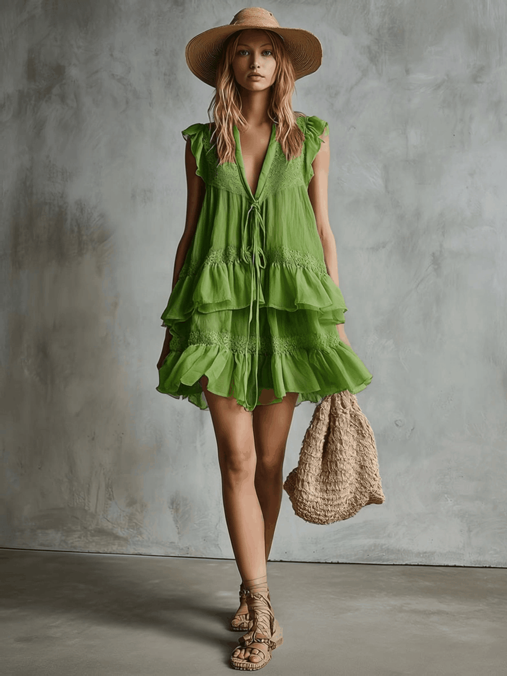 Retro Bohemian Tie-neck V-neck Lace-trimmed Bright Green Chiffon Mini Dress