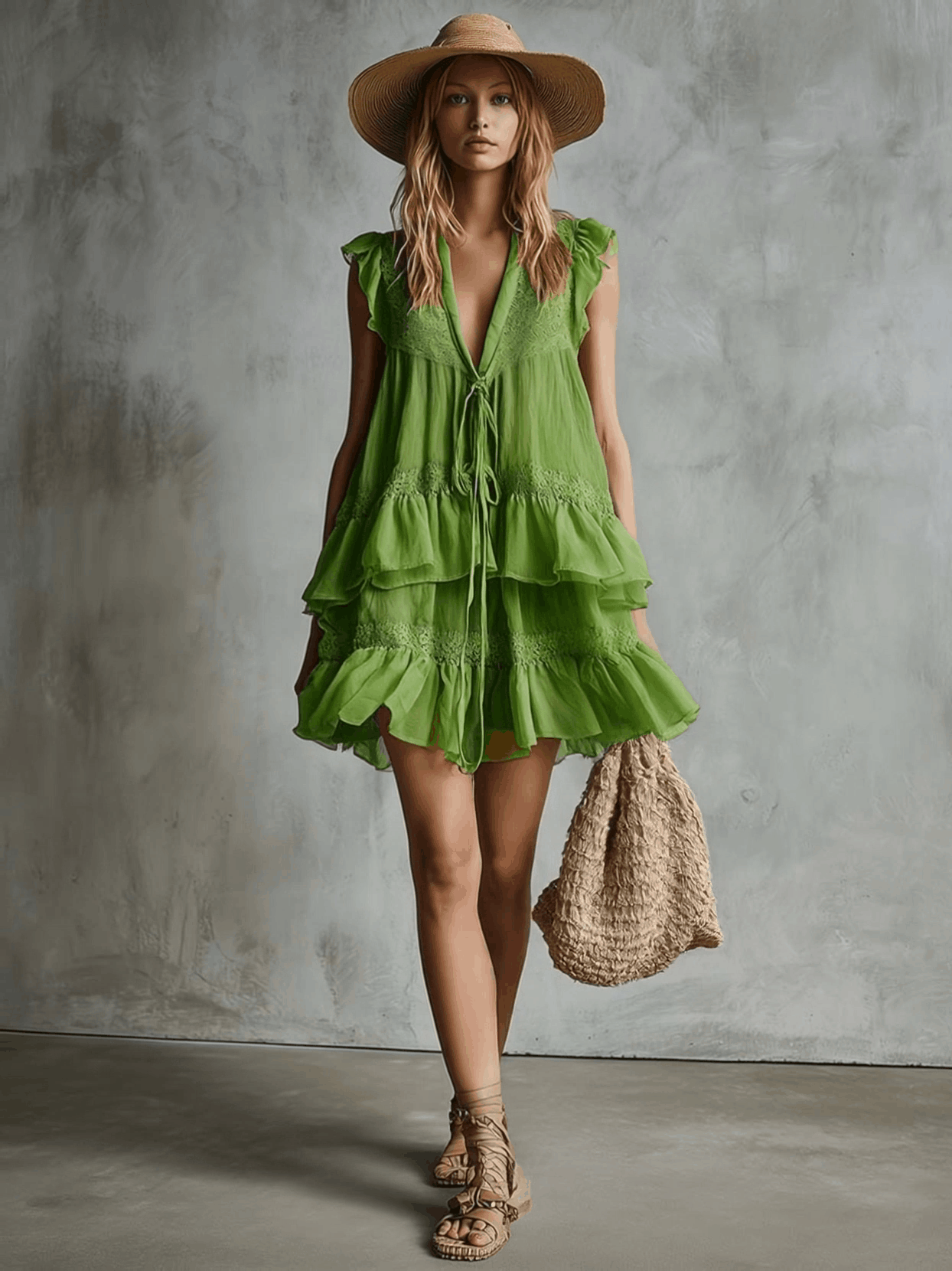 Retro Bohemian Tie-neck V-neck Lace-trimmed Bright Green Chiffon Mini Dress