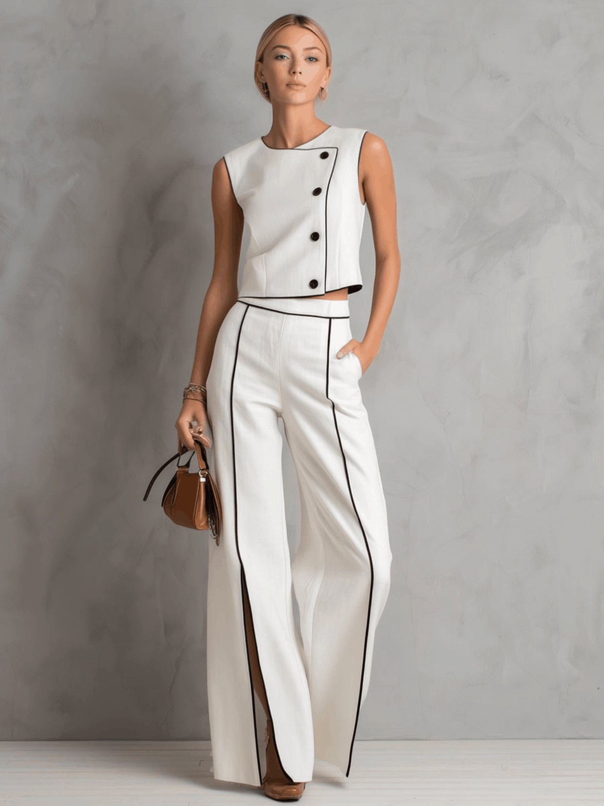 Stylish and Casual White Cotton Top with Black Trim and Split-leg Wide-leg Pants Set