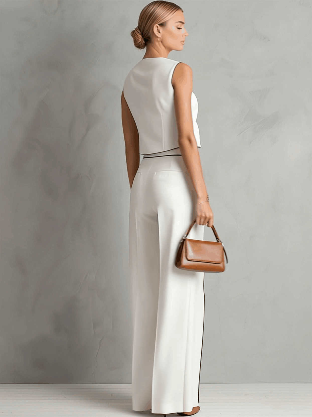 Stylish and Casual White Cotton Top with Black Trim and Split-leg Wide-leg Pants Set