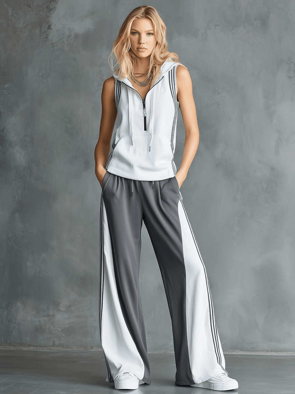 Casual Sporty Colour-Block Hooded Sleeveless Top and Wide-Leg Trousers Set