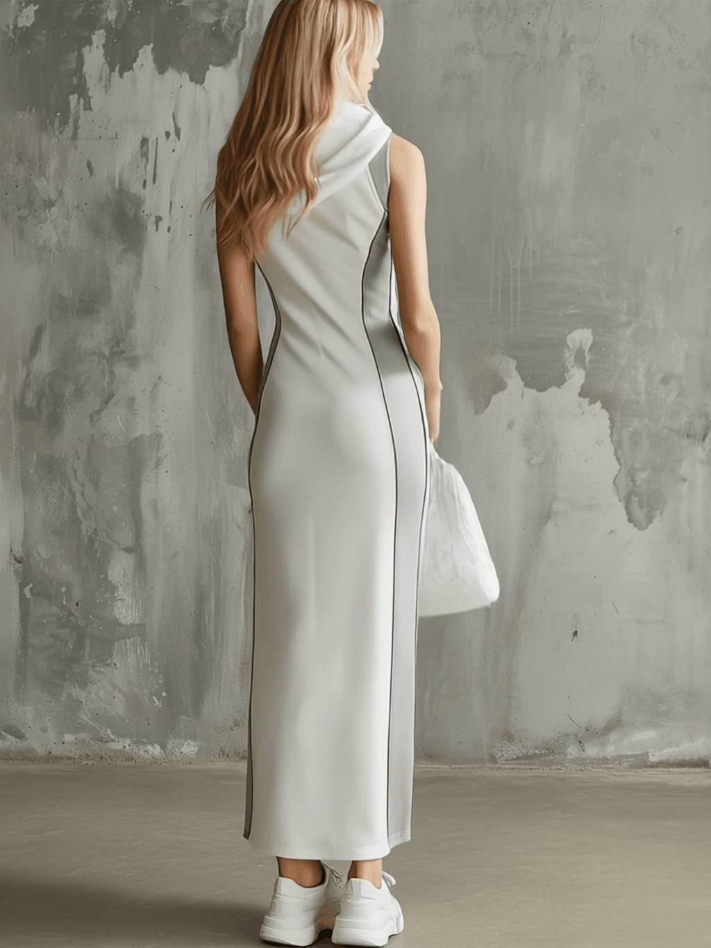 Casual Grey Colour-blocked White Split Hooded Cotton Midi Dress