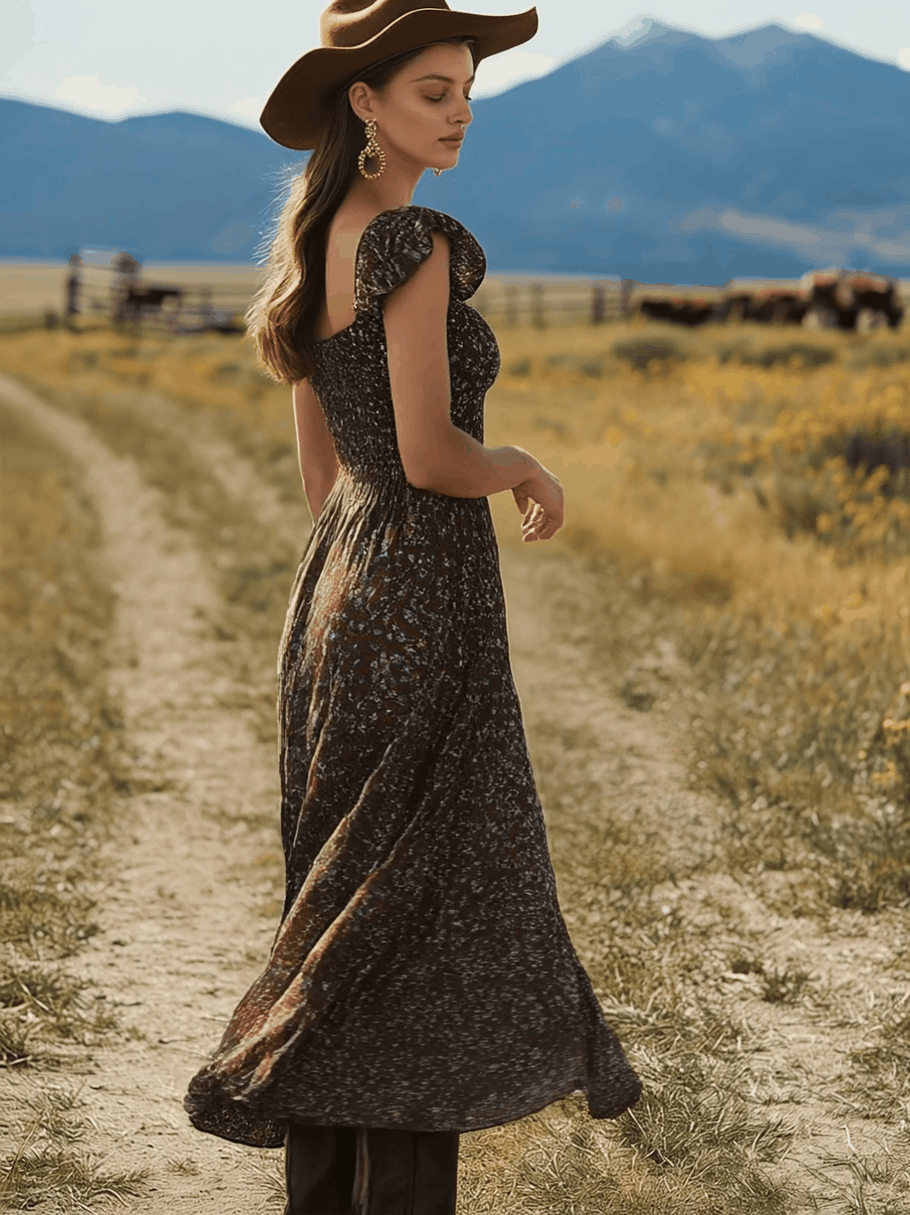 Western Retro Print Brown Short-Sleeved Square Neck Slit Chiffon Midi Dress