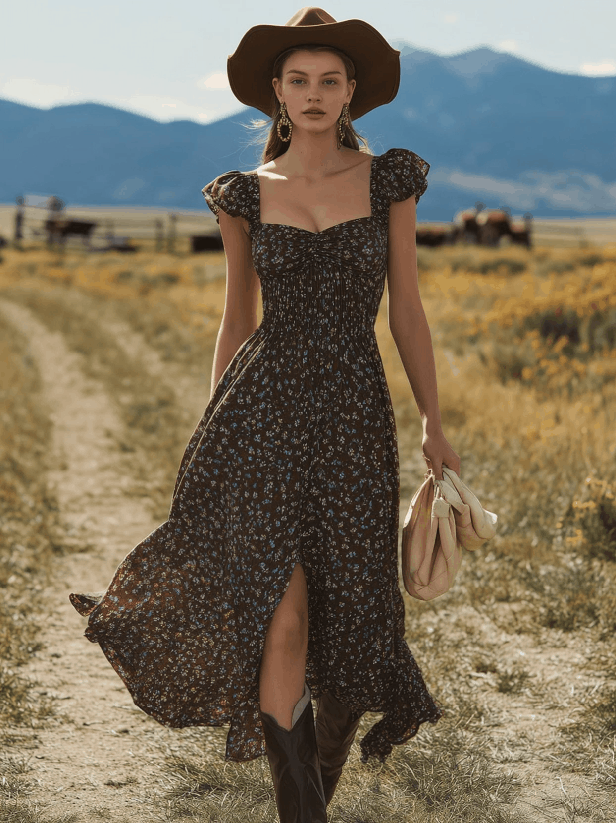 Western Retro Print Brown Short-Sleeved Square Neck Slit Chiffon Midi Dress
