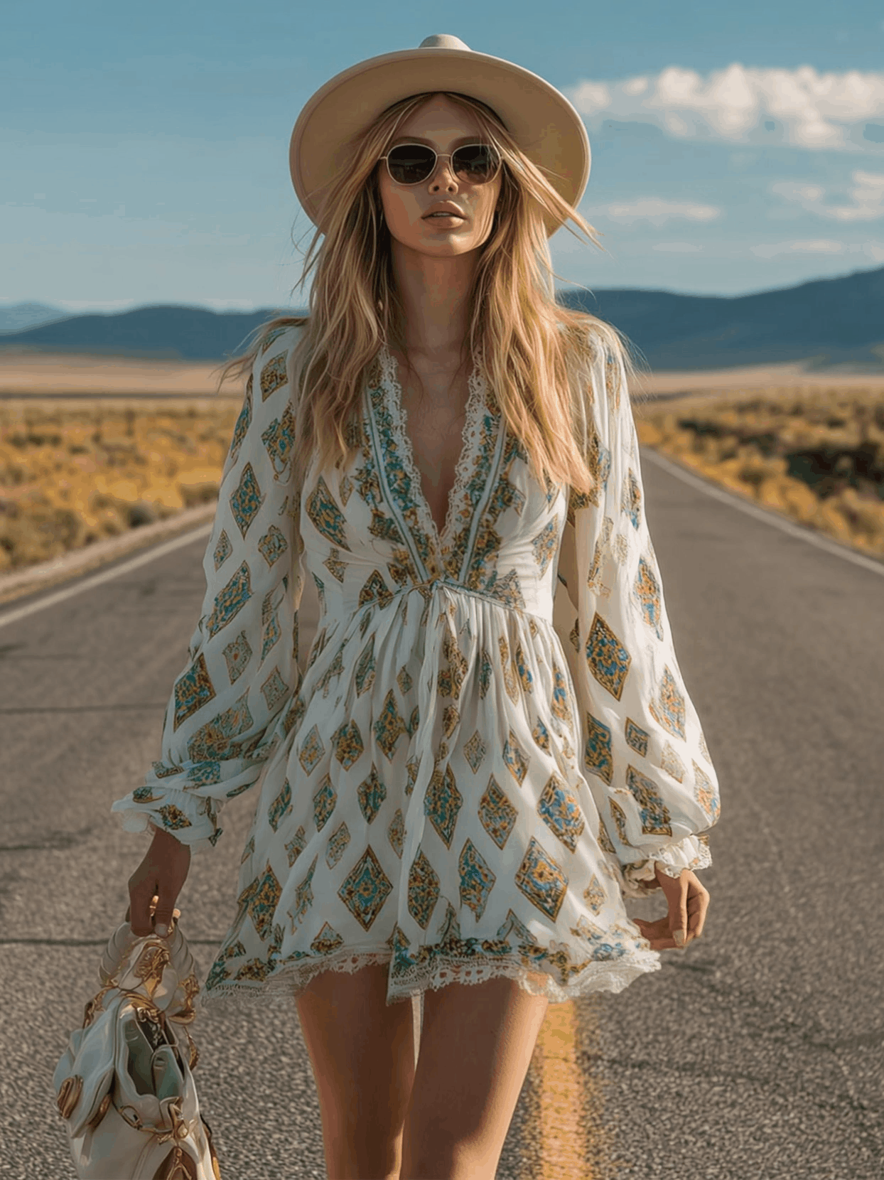 Retro Lace Trim Ethnic Print White V-neck Short-sleeved Chiffon Mini Dress
