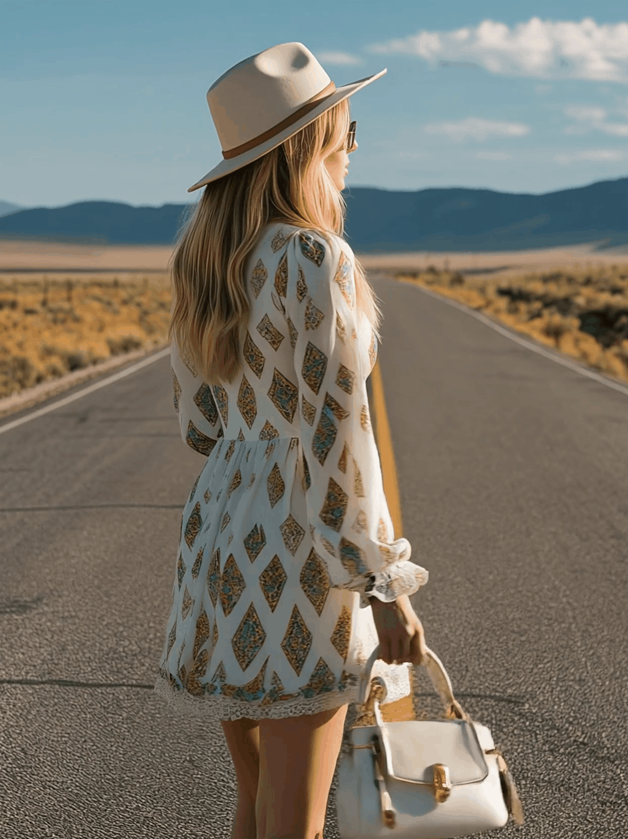 Retro Lace Trim Ethnic Print White V-neck Short-sleeved Chiffon Mini Dress