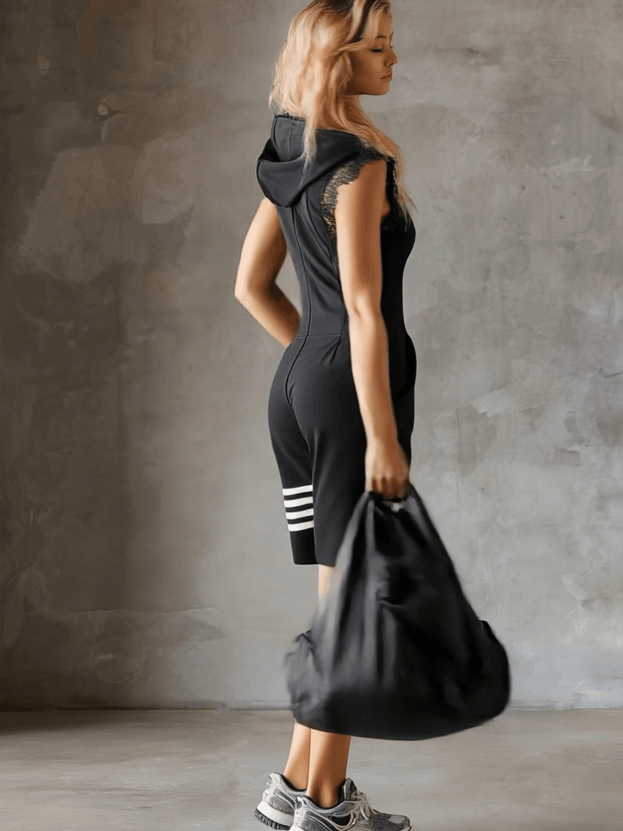 Sporty Retro Lace Striped Black Sleeveless Shorts Hooded Jumpsuit