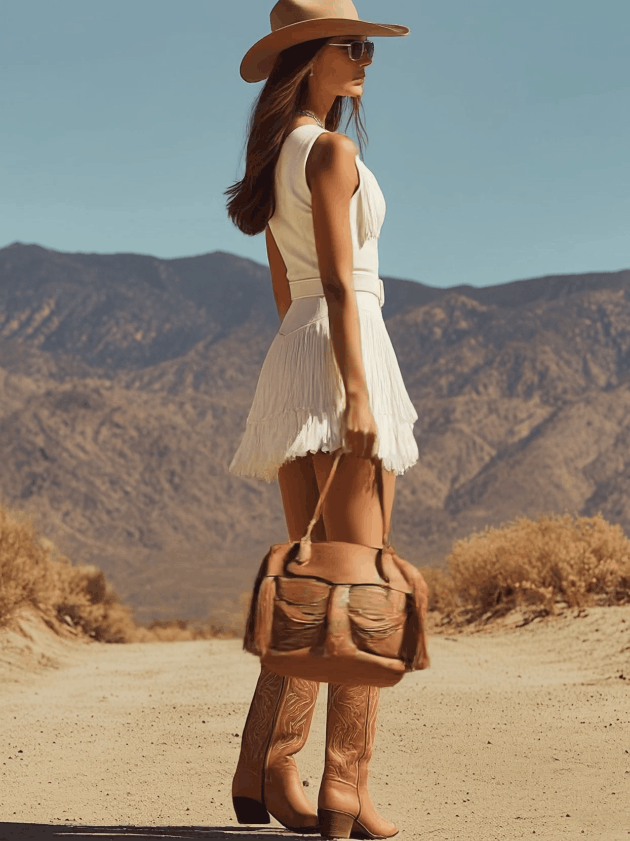 Western Bohemian Retro Off-White Faux Suede Tassel Sleeveless Mini Dress