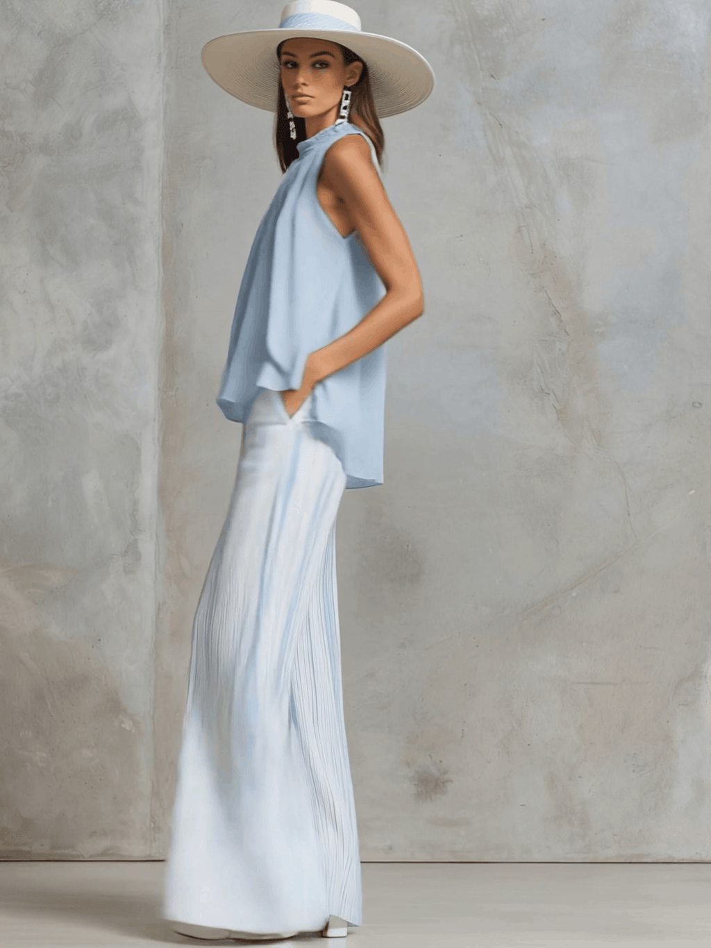 Vacation Light Blue Chiffon Sleeveless Top And Striped Wide-leg Trousers Set