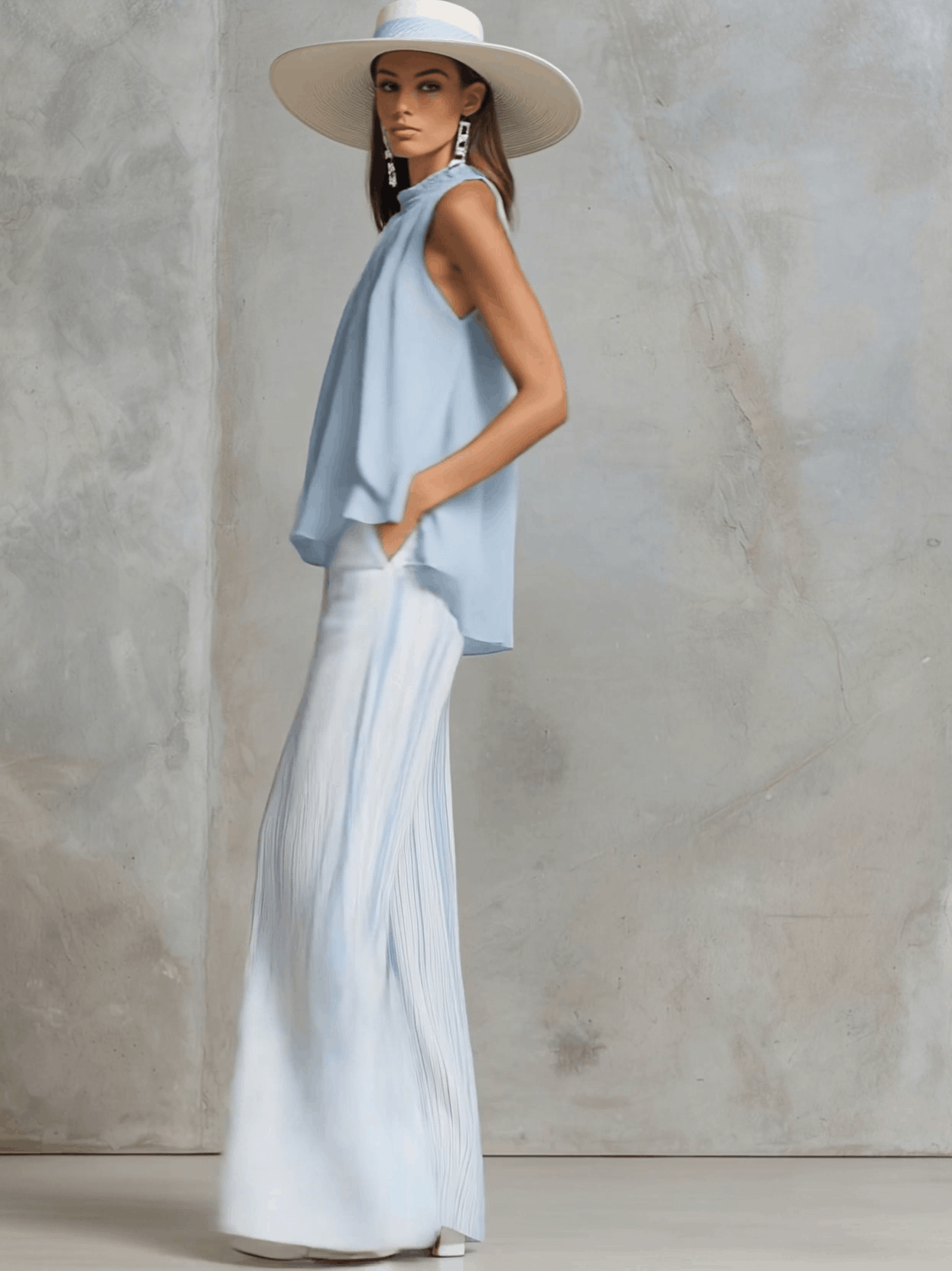 Vacation Light Blue Chiffon Sleeveless Top And Striped Wide-leg Trousers Set