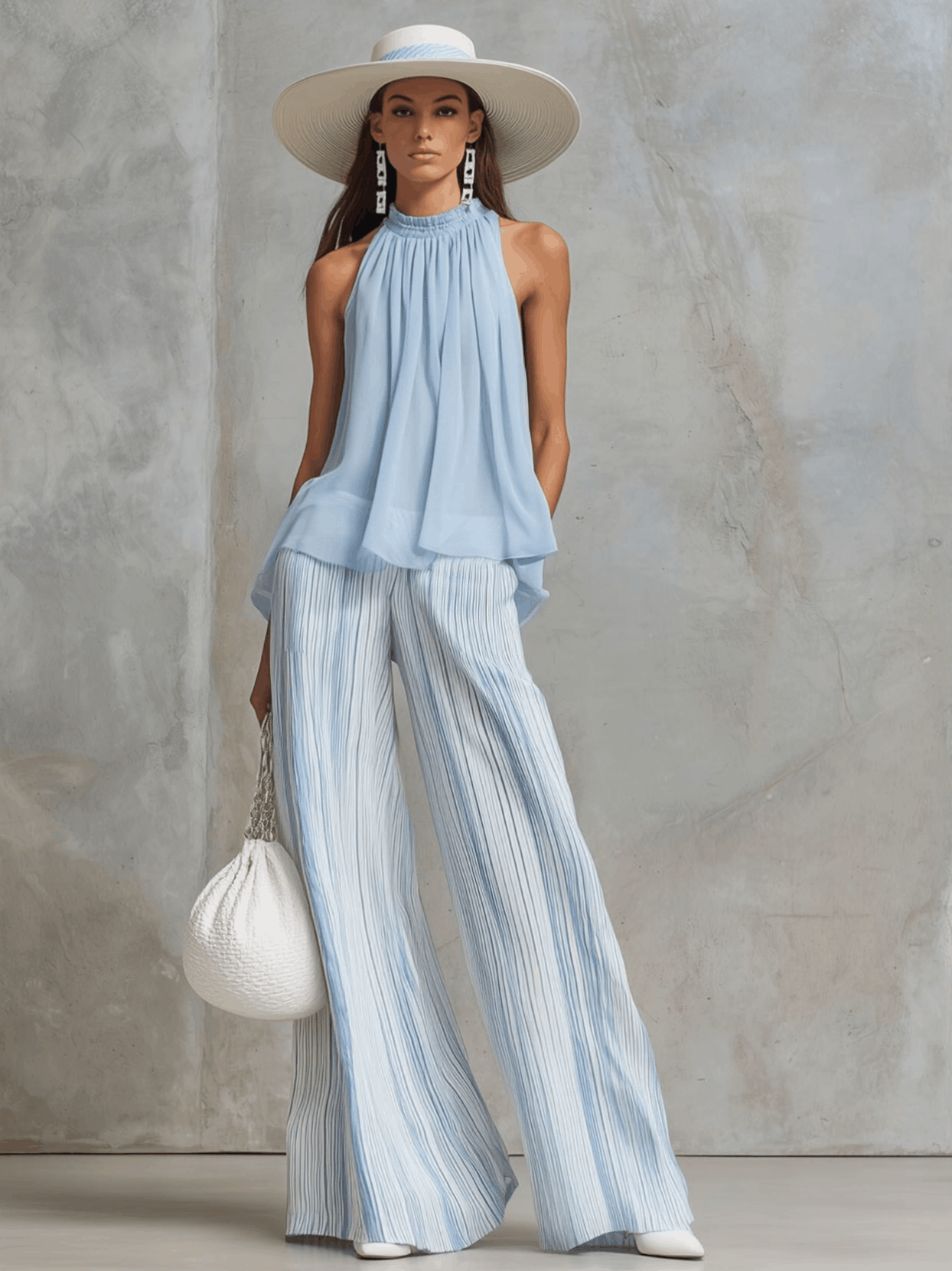Vacation Light Blue Chiffon Sleeveless Top And Striped Wide-leg Trousers Set