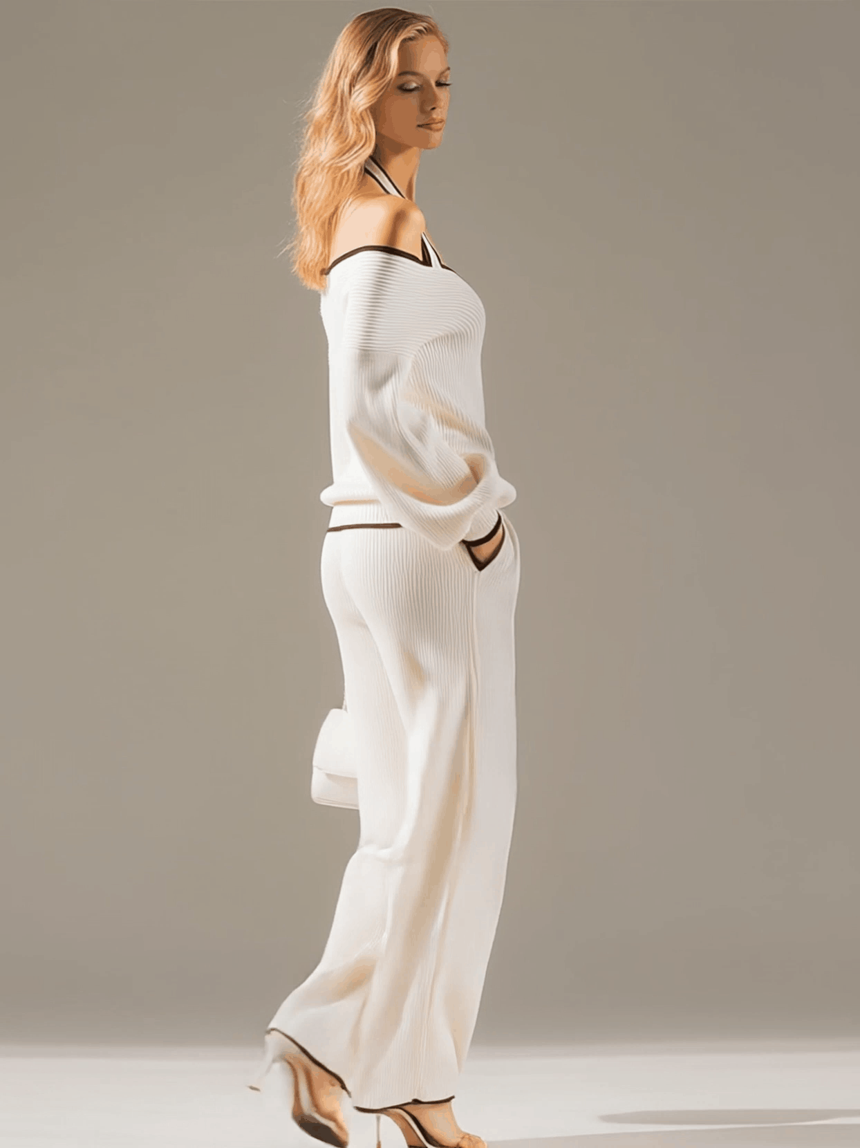 Elegant Colour-blocked White Halter-neck Long-sleeved Knit Top And Trousers Set