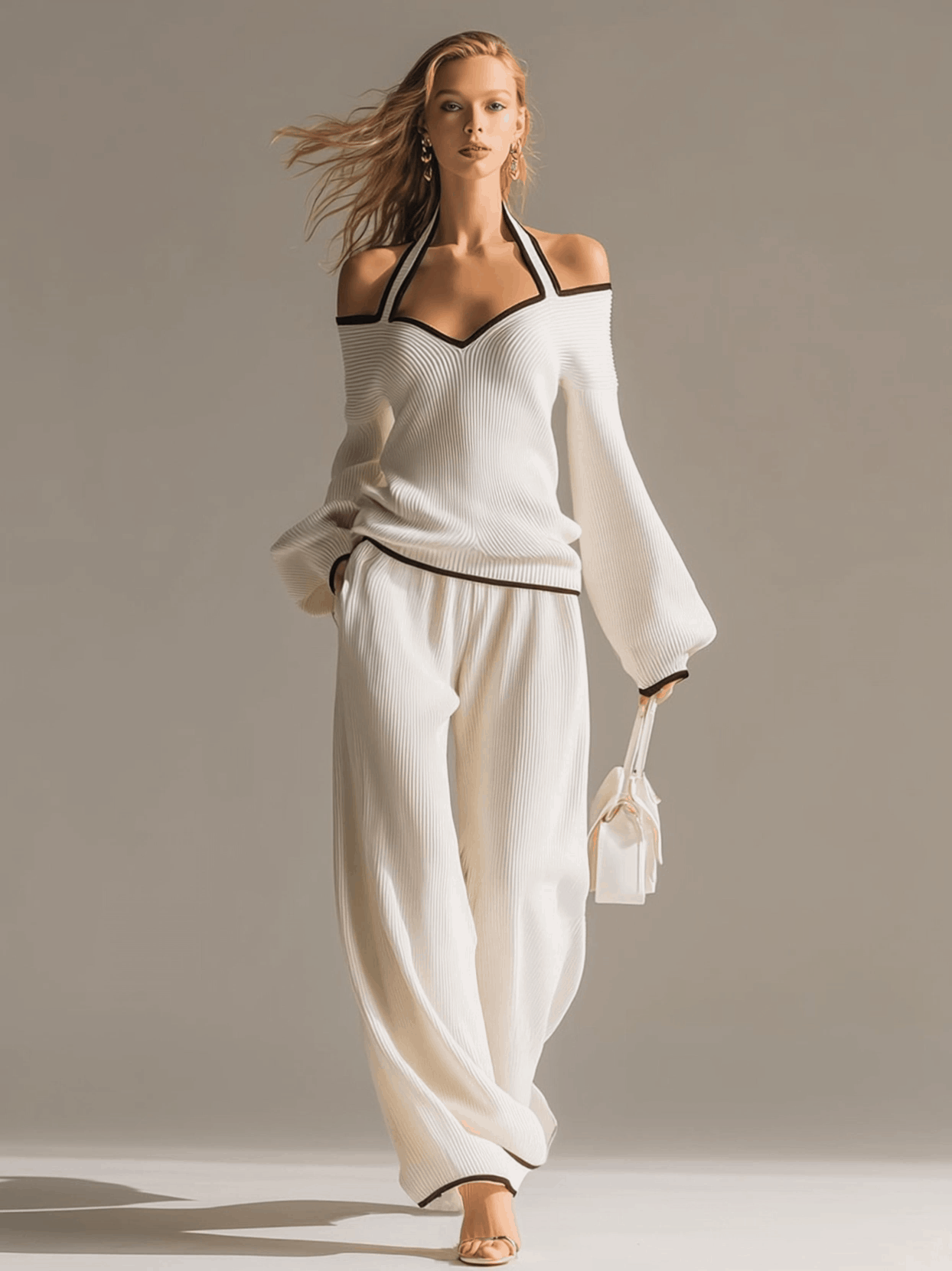 Elegant Colour-blocked White Halter-neck Long-sleeved Knit Top and Pants Set