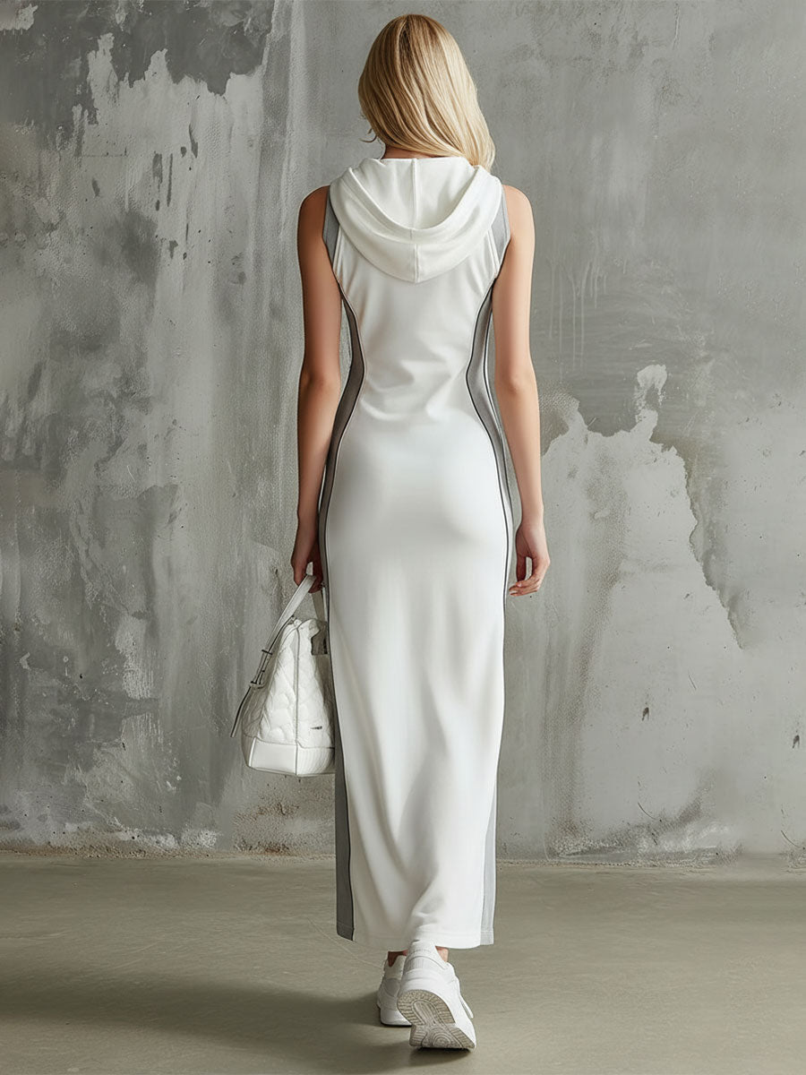 Casual Grey Colour-blocked White Split Hooded Cotton Midi Dress