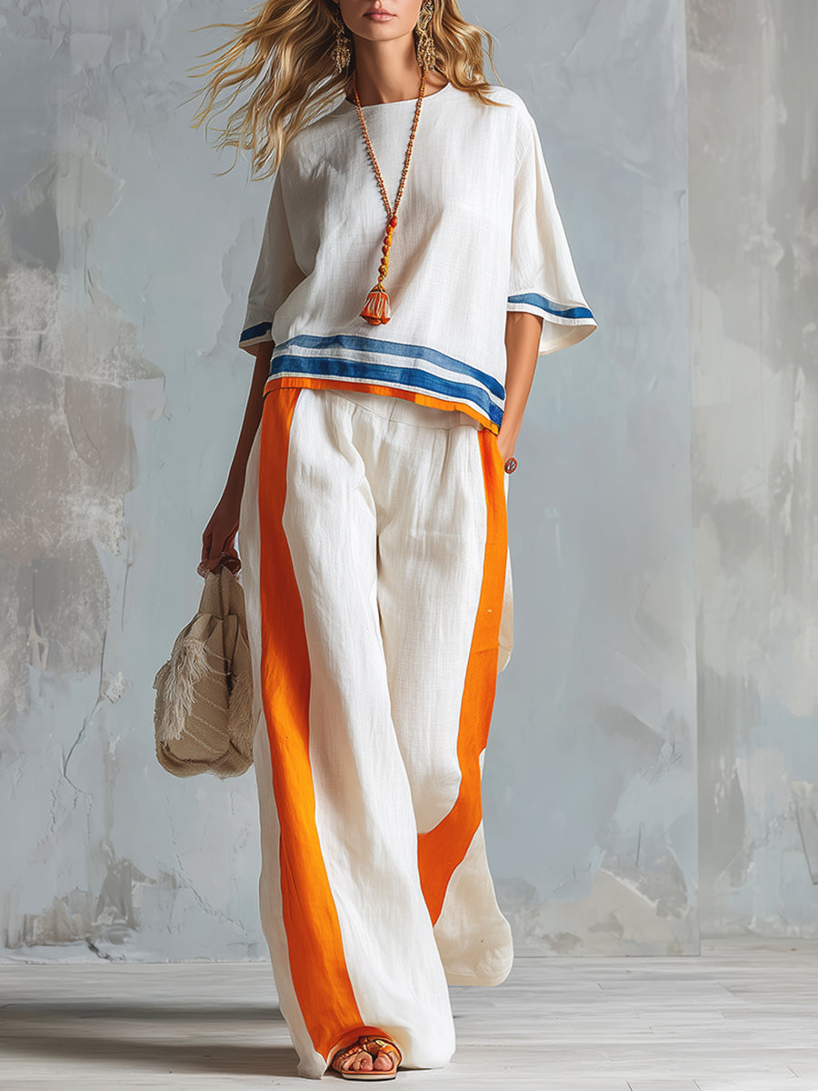 Casual Urban Style Contrast-Trimmed White T-Shirt & Wide-Leg Trousers Cotton-Linen Set