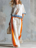 Casual Urban Style Contrast-Trimmed White T-Shirt & Wide-Leg Trousers Cotton-Linen Set