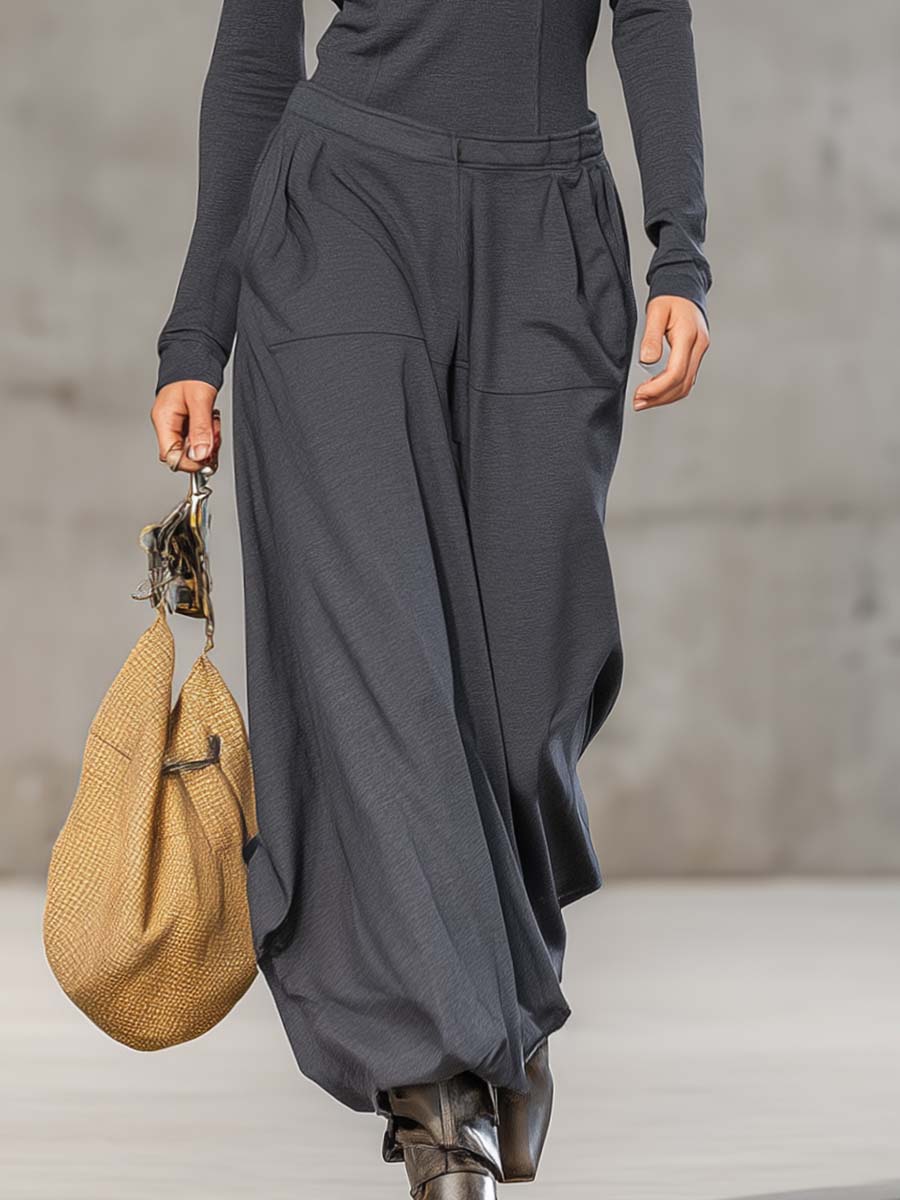 Casual Retro Sports Dark Grey Half-High Collar Front Zipper Long-Sleeved Top and Wide Trousers Set