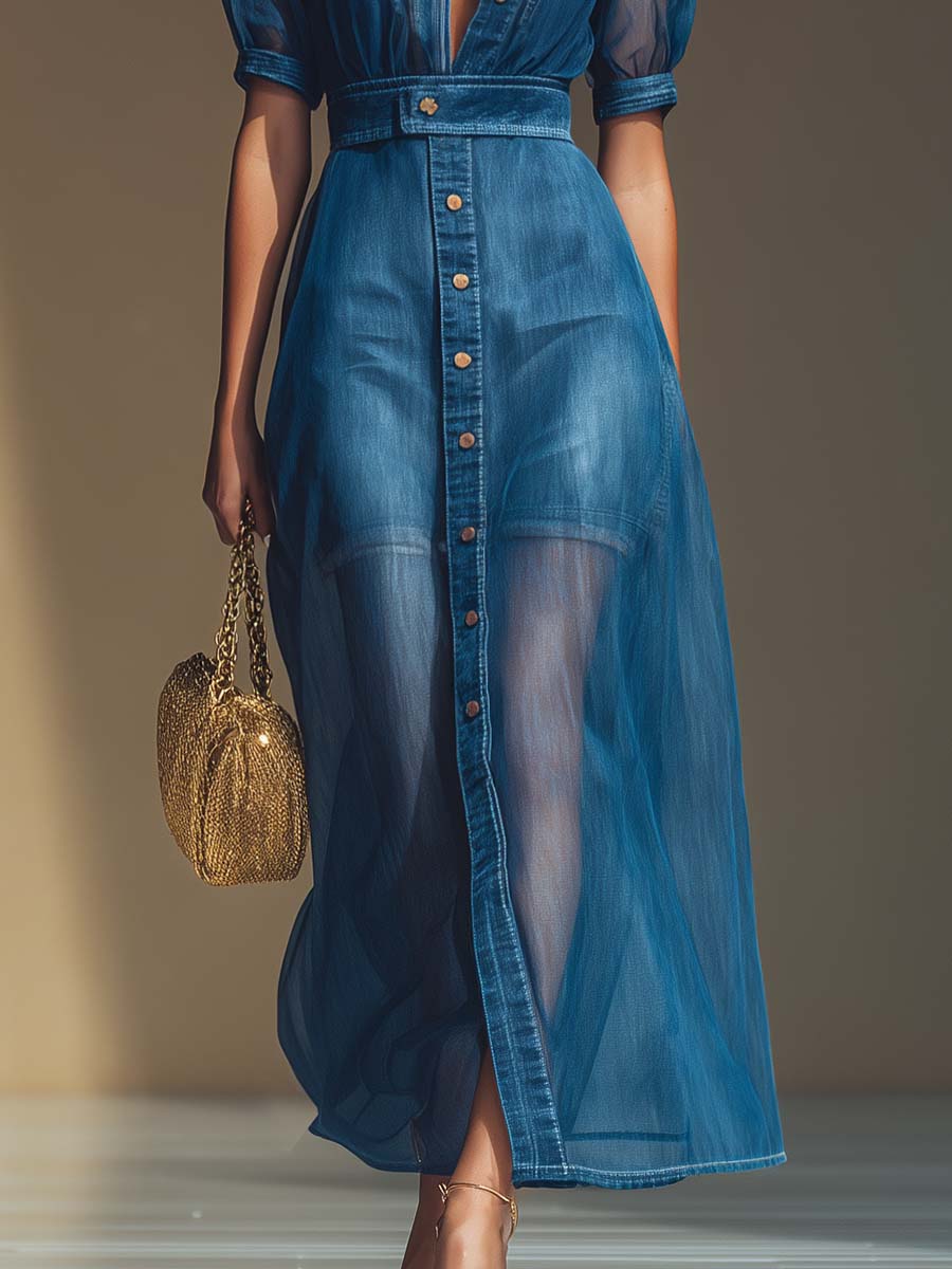 Exquisite Fashionable Front Button V-neck Short-sleeved Organza Overlay Blue Denim Maxi Dress