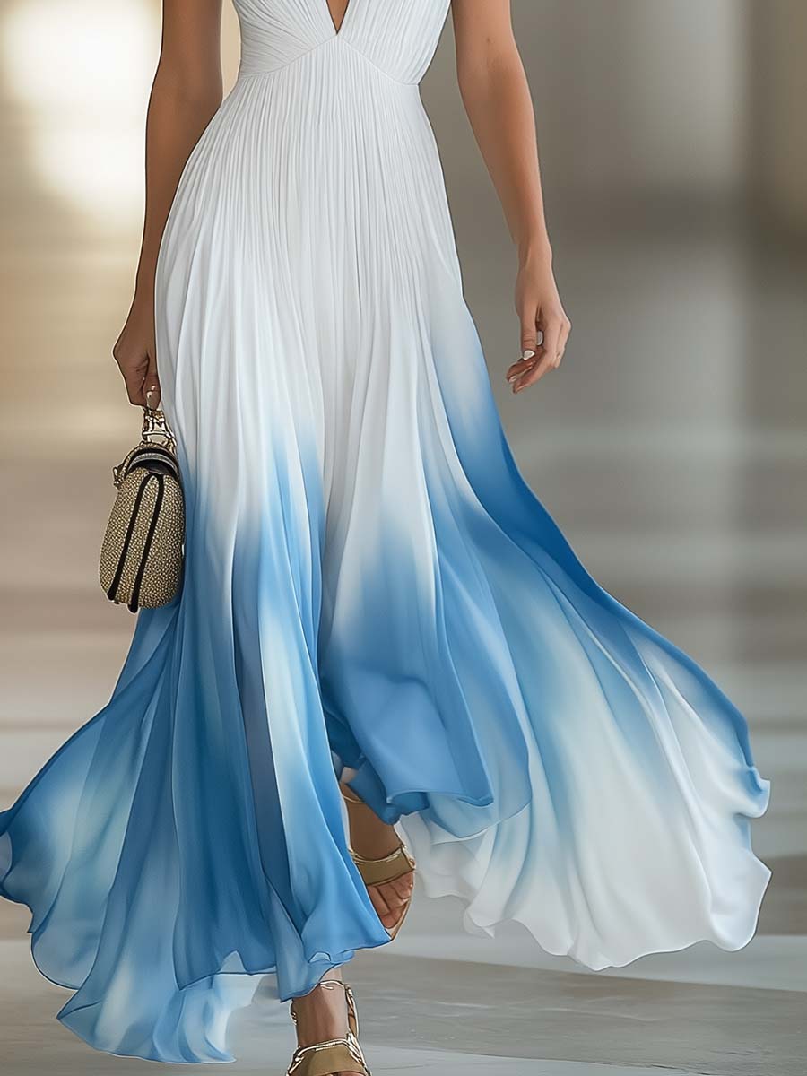 Elegant and Flowing V-Neck Pleated Chiffon Blue Gradient White Maxi Dress