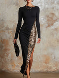 Elegant and Sparkling Sequined Black Stretch Cotton Party Maxi Dress
