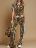 Retro Colour-blocked Striped Trim Camouflage Velvet T-shirt And Trousers Set
