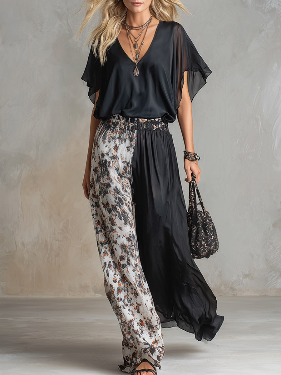 Chic Urban Black Chiffon T-Shirt & Contrast-Print Wide-Leg Trousers Set