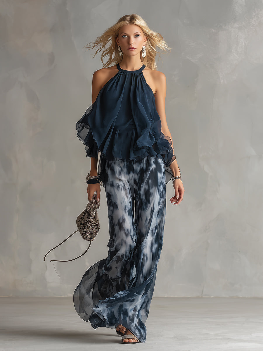 Elegant Urban Navy Blue Halter Neck Top and Printed Wide-leg Pants Chiffon Set