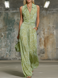 Retro Elegant Leopard Print Lapel Sleeveless Chiffon Top and Wide-leg Pants Set
