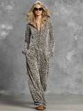 Casual Retro Grey Velvet Leopard Print Hooded Sweatshirt Wide-Leg Jumpsuit