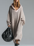 Fashion Loose Retro Trimmed Floral Grey Hooded Knitted Midi Dress
