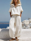 Vacation Retro White Cotton Linen Short-Sleeve Hooded Top and Balloon Pants Set