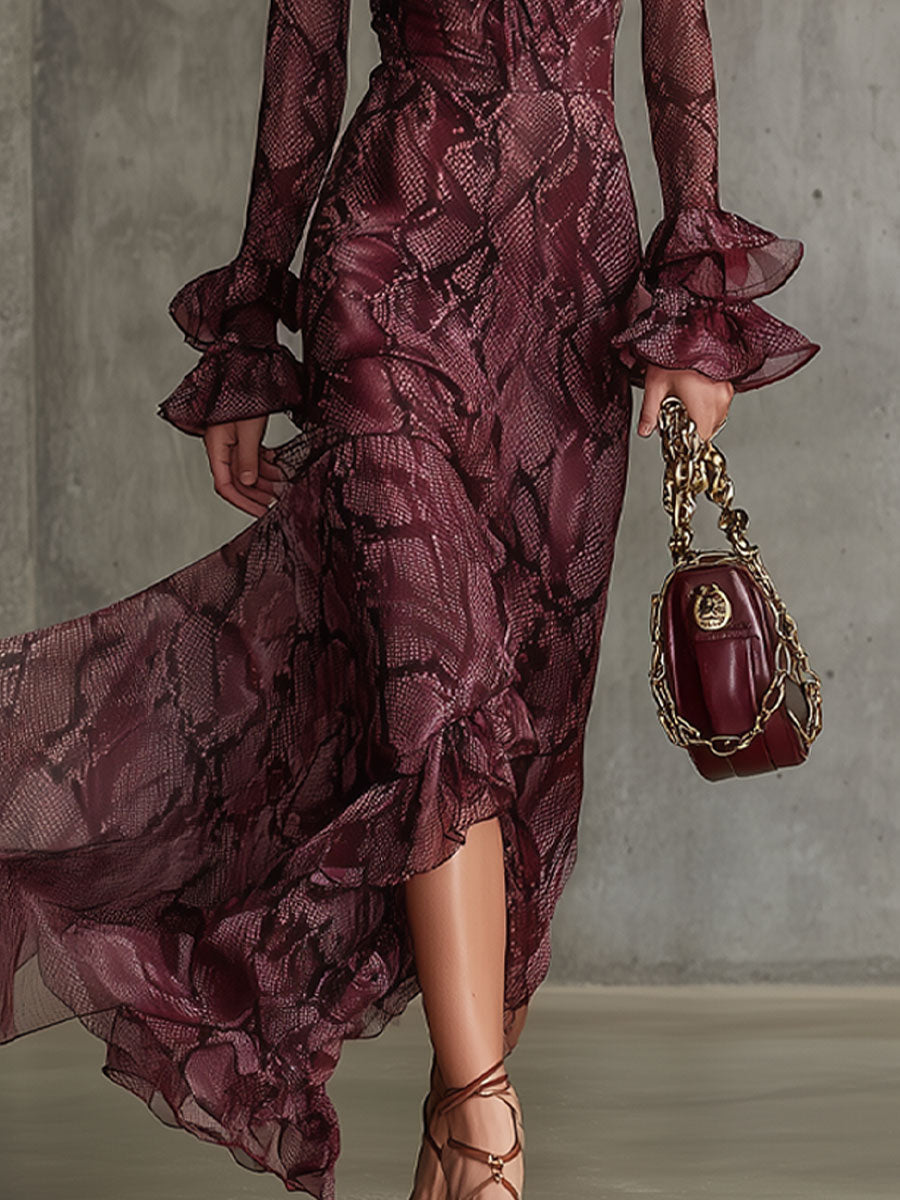 Elegant and Fashionable Burgundy Chiffon Snakeskin Pattern Ruffled Long-Sleeved Maxi Dress